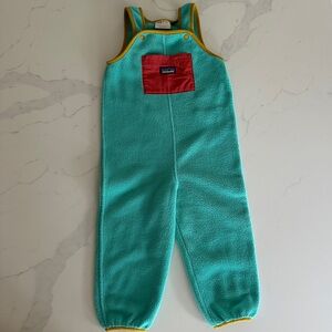 Teal Fleece Baby Overalls with Red Pocket